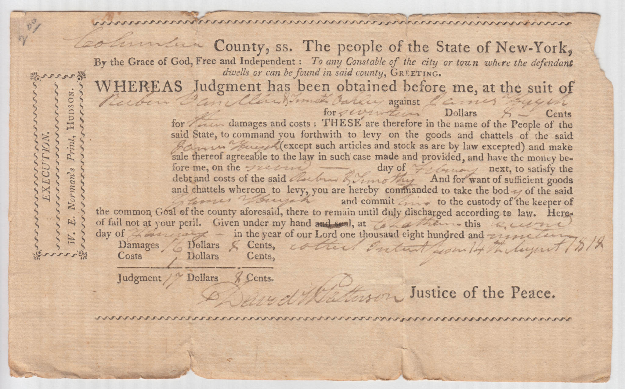 BH108, 1819-01-02 Execution of Judgement, Reuben Van Allen and Timothy Oakley against James Huyck